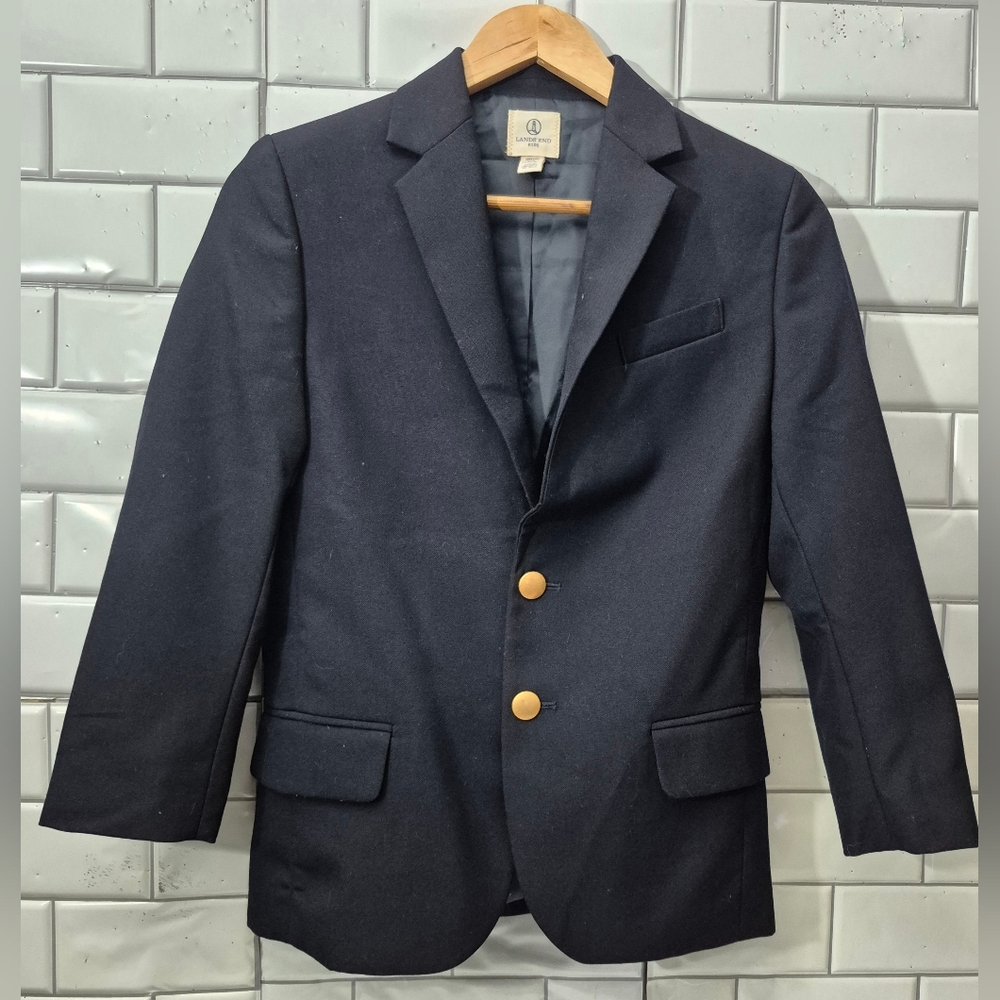Lands’ End Kids Boys Hopsack Navy Blue 2 Gold Button Front Closure Rear Slit 55/